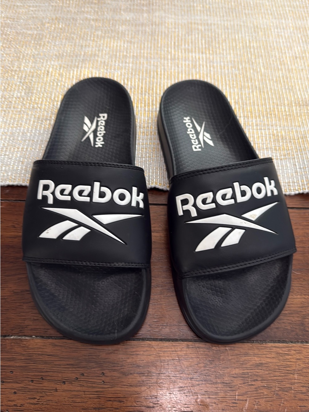 Reebok Black Slide Sandals with White Logo - Size 6
